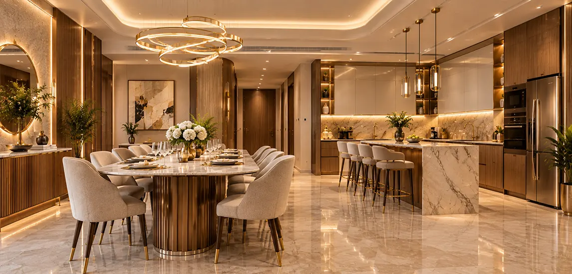 Open dining and kitchen interior